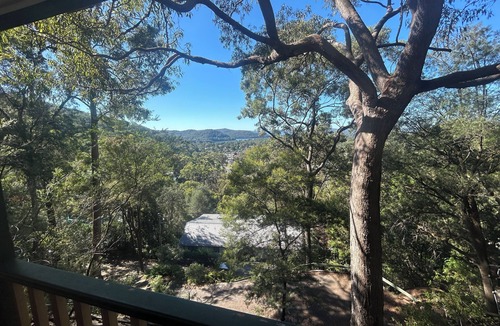Umina Beach House | Treetops retreat - pole house set against a sandstone rock face in the tree tops